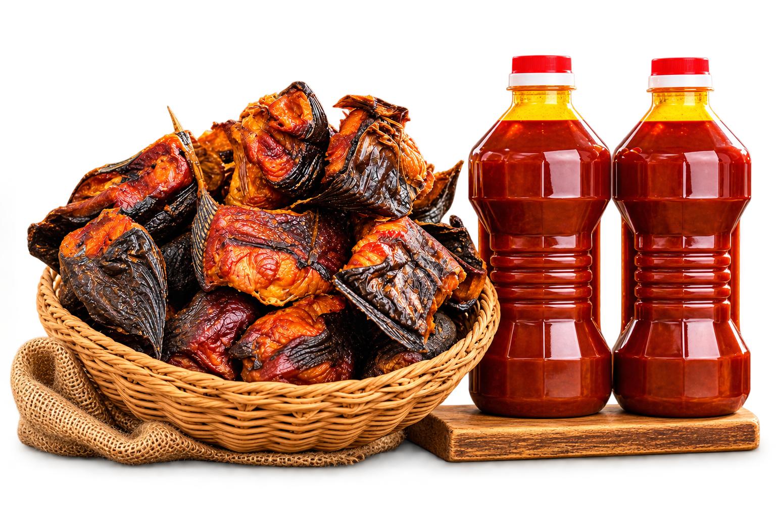 Basket of smoked catfish with bottles of palm oil